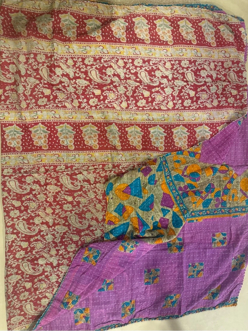KAnTHA Reversible Bedspread /Throw - Purple,Teal ,Orange & Red Floral Vintage
